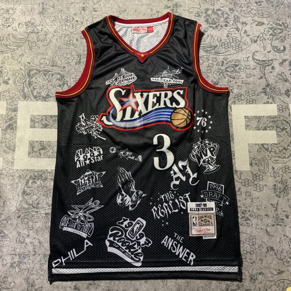 Mitchell & Ness Allen Iverson 76ers Jersey Men XL Black Excellent All Over Print